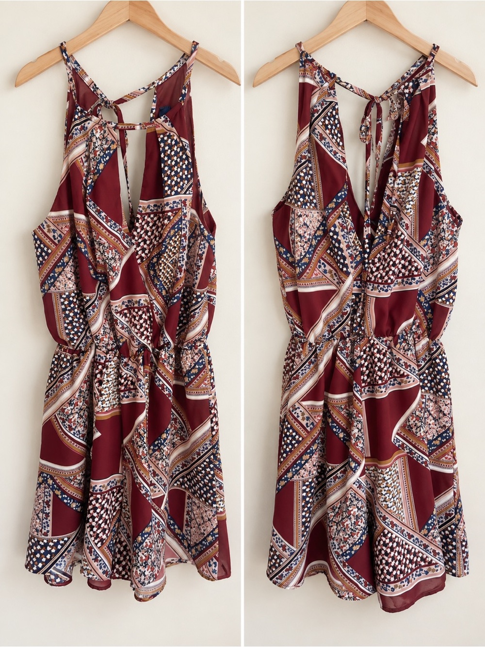 Printed Tie-Back Mini Dress in Burgundy